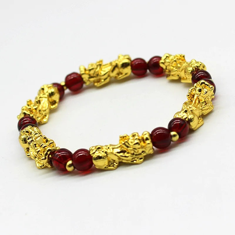 Attract Good Luck Wealth Jewelry Red Beads Pixiu  Feng Shui Golden Carved Pixiu Garnet Beads Charm