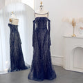 Jancember SZ396 Modern Blue Long Sleeve O-neck Sequins Organza Floor-length Evening Dresses for Women