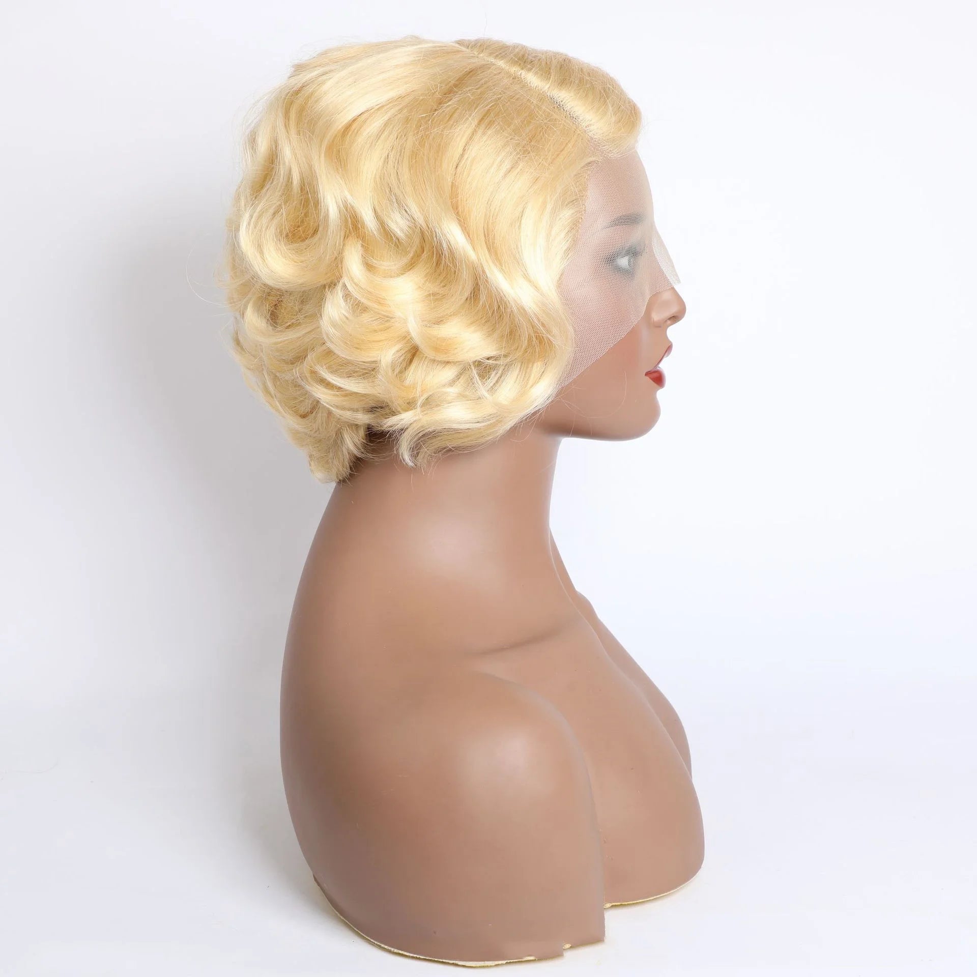 AU Wholesale PrePlucked Remy Hair 6inches Side Lace Part Wigs Wavy Blonde 613# Short Pixie Cut Human Hair Wigs for Women