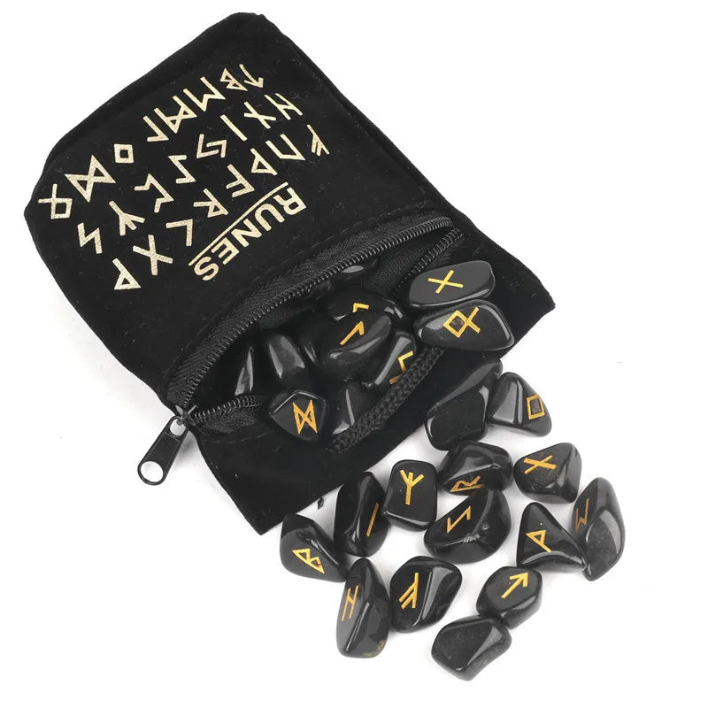 Black Obsdian Runes Set 25pcs 10pcs Natural Crystal Rune Wicca Energy Stones Engraved Reiki Tumbled Lettering Crystal Stones