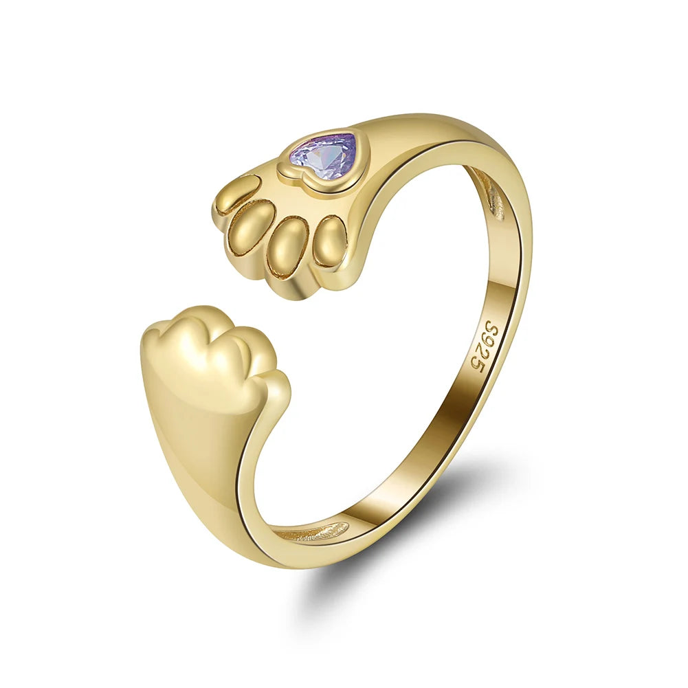 SR328 RINNTIN 14k Gold Plated Adjustable Rings Cute Footprint Cubic Zirconia 925 Sterling Silver Jewelry Open Ring for Women