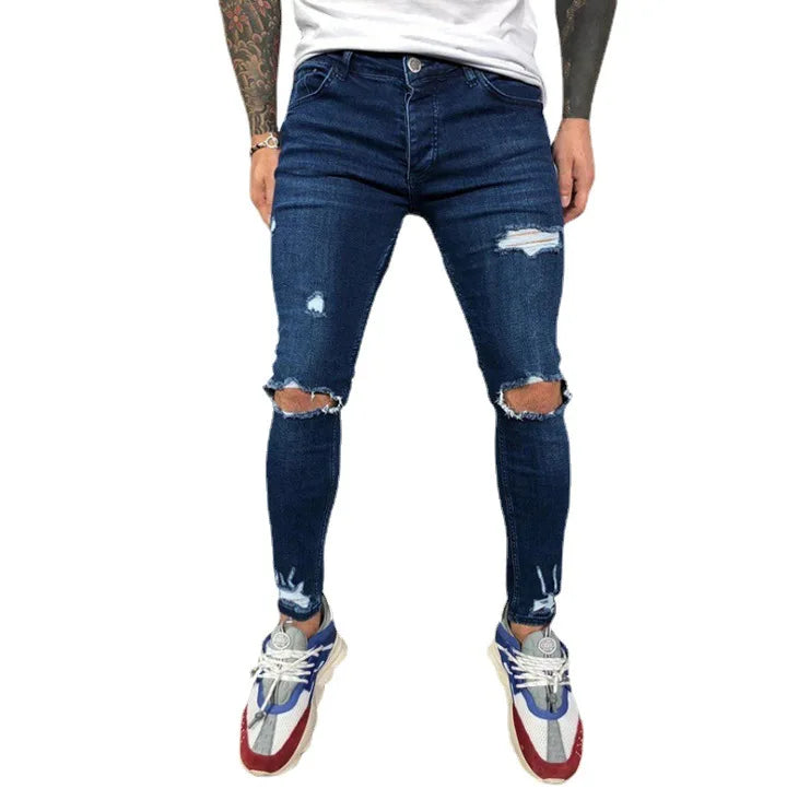 Mens Skinny Blue Jeans Stretch Hole Design Breathable Summer Spring Casual Jeans