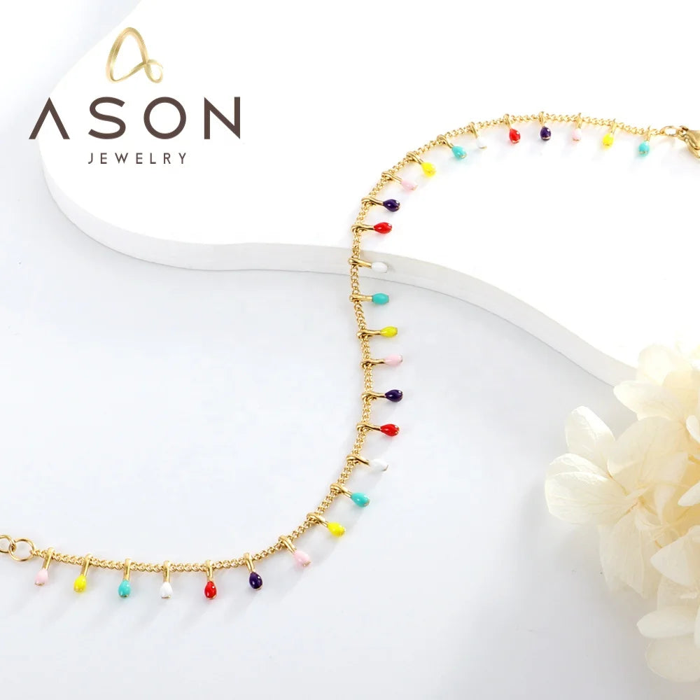 Ason Jewelry Stainless Steel Bracelet 18K Gold Plated Mixed Color Oval Drip Oil Charm Bracelet for Women