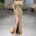 2023 New Supply Elegant Champagne Gold Mermaid Tail Wedding Evening Dress High Quality Plus Size Crystal Ruffles Decorations