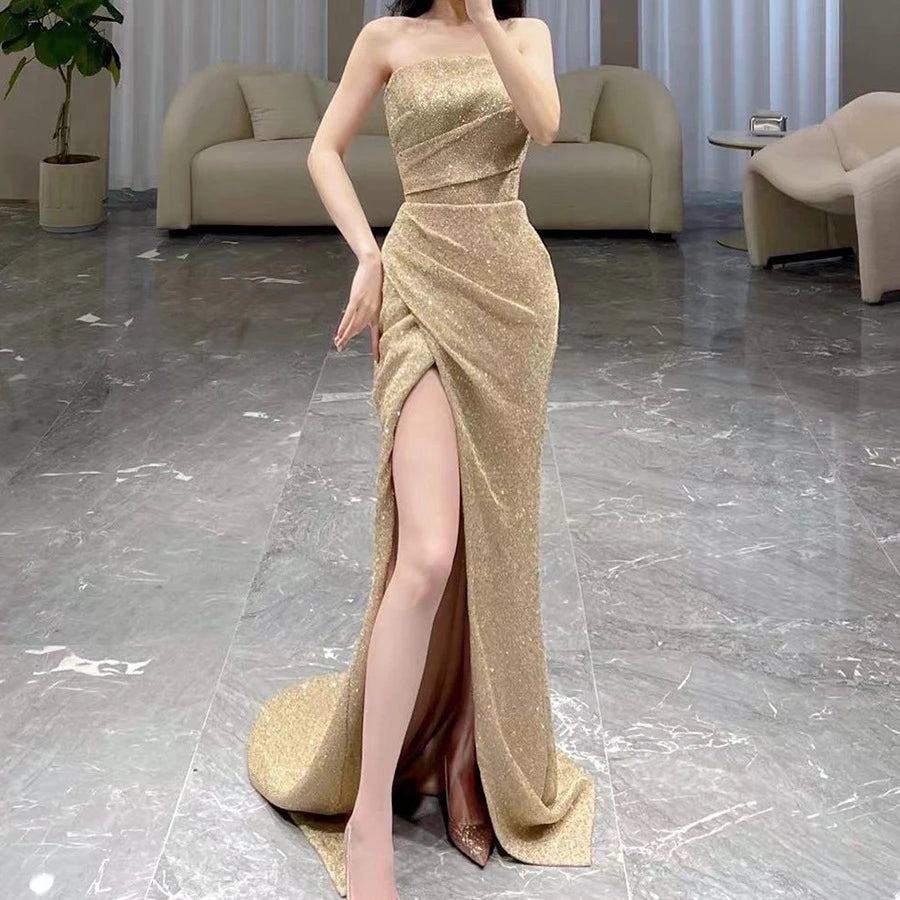 2023 New Supply Elegant Champagne Gold Mermaid Tail Wedding Evening Dress High Quality Plus Size Crystal Ruffles Decorations