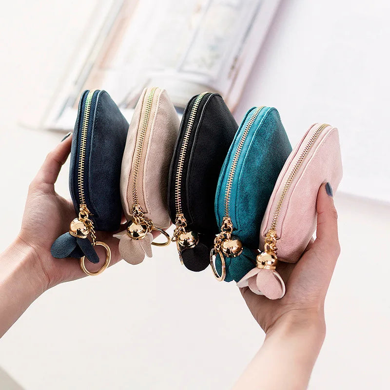 Solid Color New Fashion Ladies PU Leather Mini Wallet Card Key Holder Zip Coin Purse Floral Pendant Clutch Bag Small Handbag