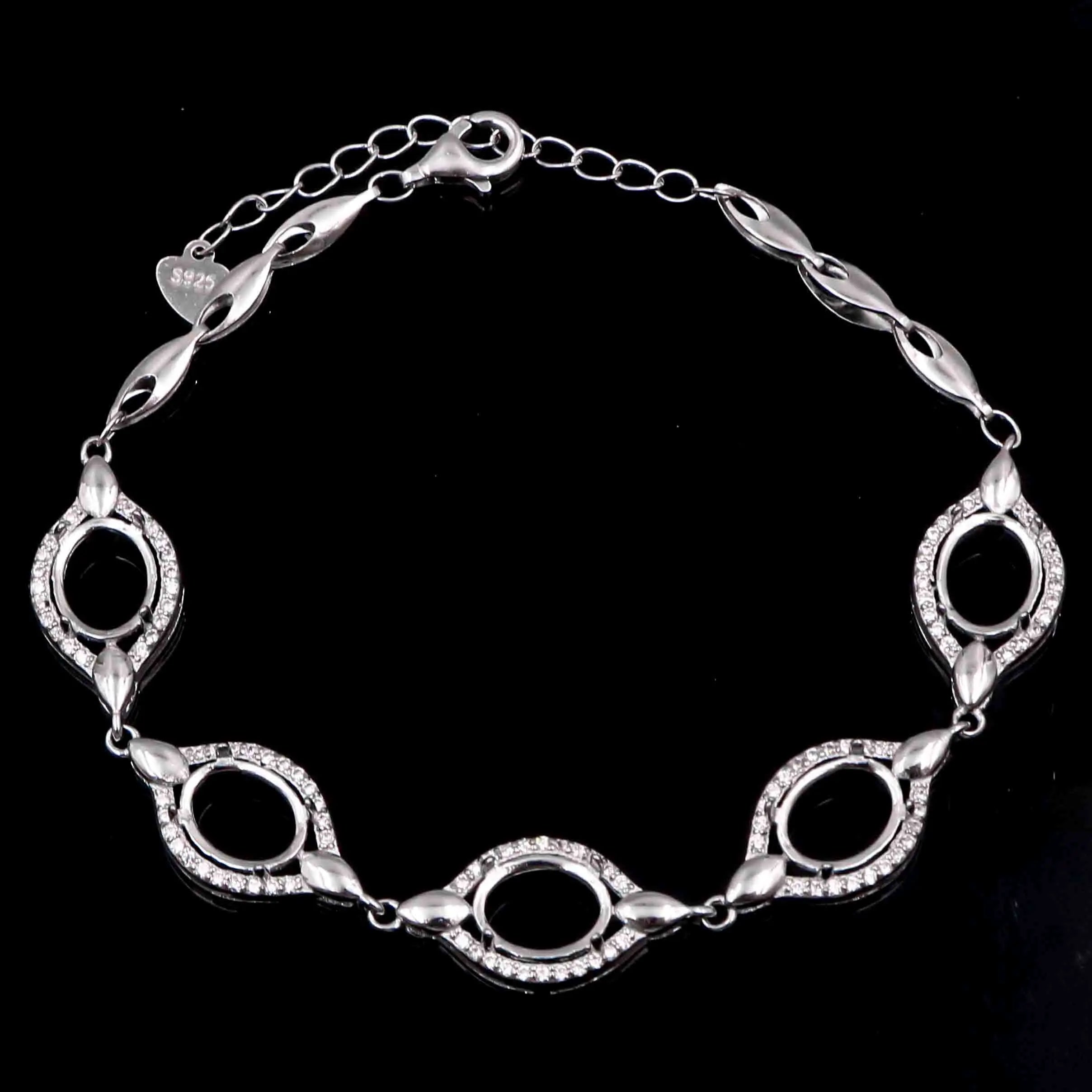 Sterling Silver 7*9mm Semi Mount Bracelet Empty Support Blank Claws Setting S925 Base Holder Without Center Stone Inlay for DIY
