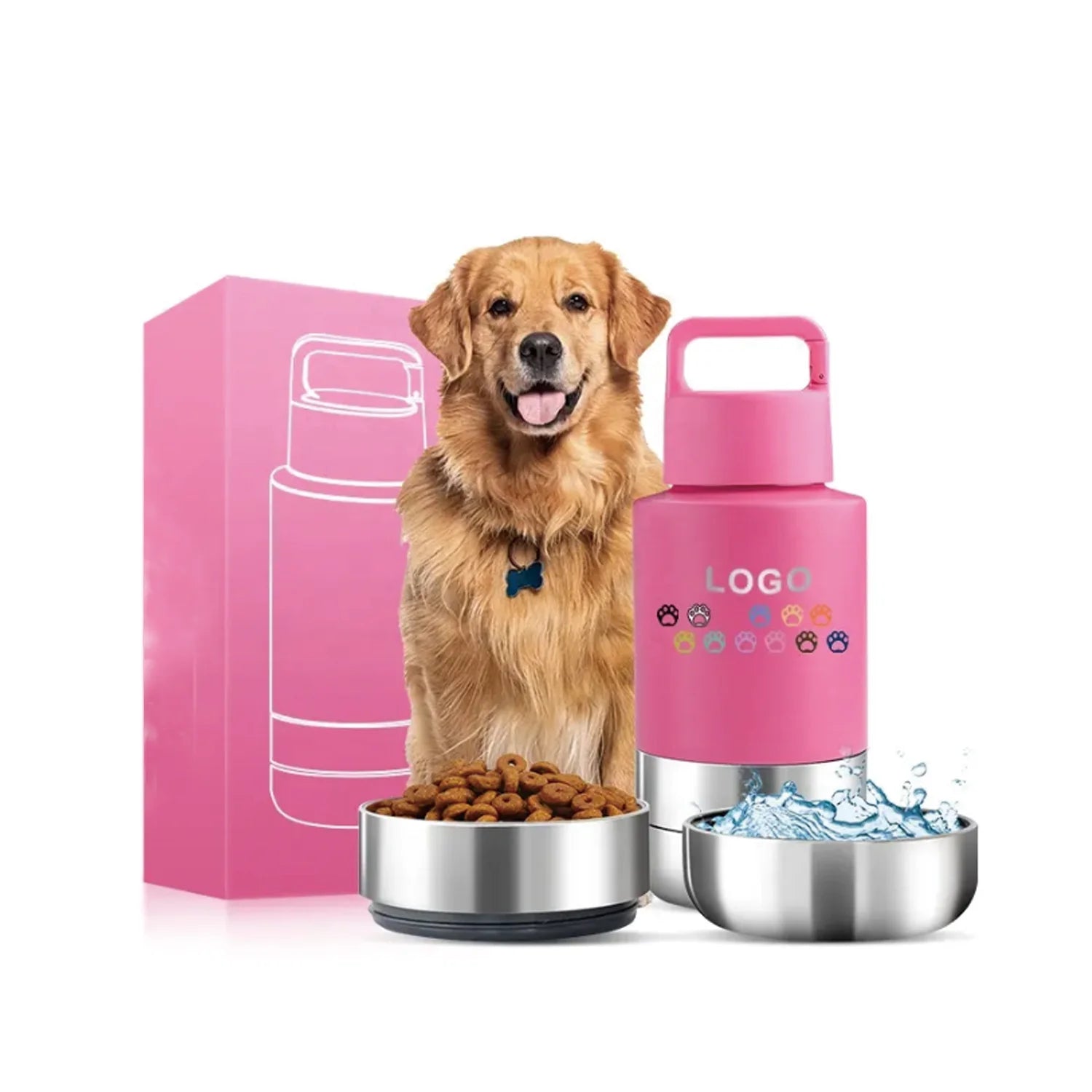 New Arrival Dog Product 32oz  3 in 1 Portable Stainless Steel Pet Feeder Travel Dog Pink Water Bottles with Food Container
