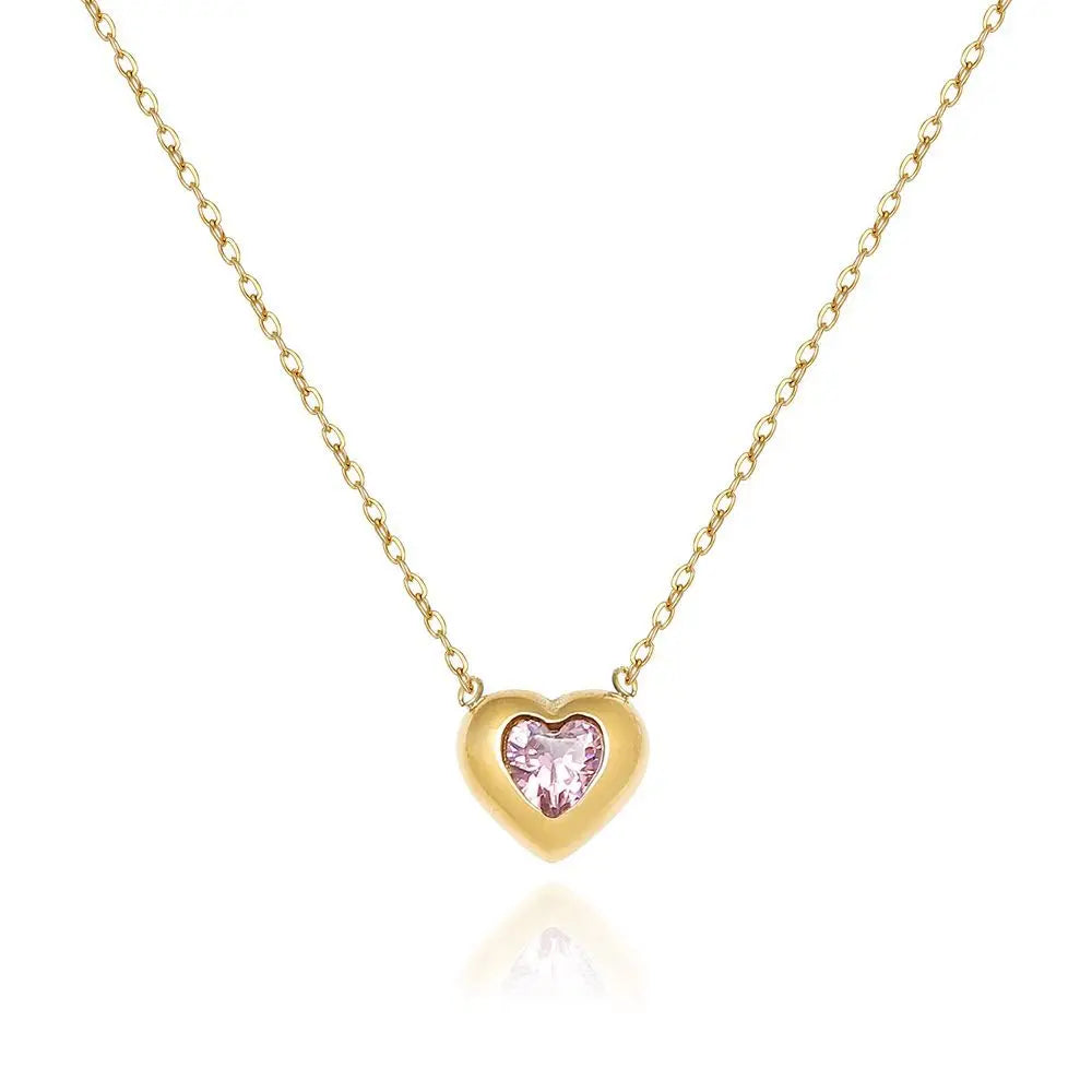 Fenny 18K Gold Plated Wholesale No Fade Permanent Romantic Chic Pink Heart Zircon Pendant Stainless Steel Necklace for Women