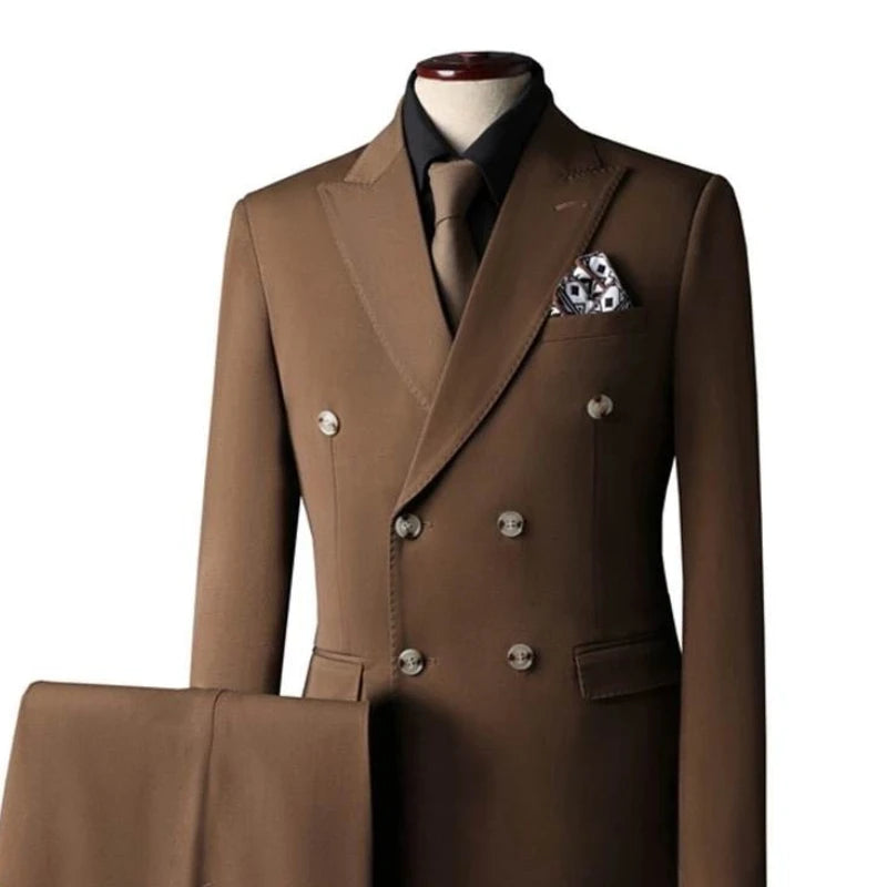 Men's Business Suit 2 Pieces Set Brown Beige British Style Double-breasted Elegant Polyester Formal Jacket Pants Men's Suit