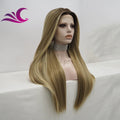 Celebrity High Density Silky Straight Honey Blonde Highlight Synthetic Lace Front Wig
