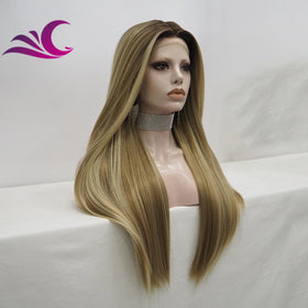 Celebrity High Density Silky Straight Honey Blonde Highlight Synthetic Lace Front Wig