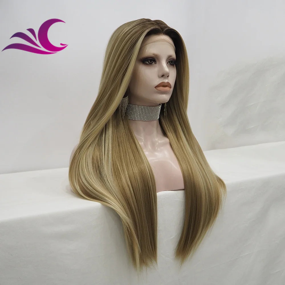 Celebrity High Density Silky Straight Honey Blonde Highlight Synthetic Lace Front Wig