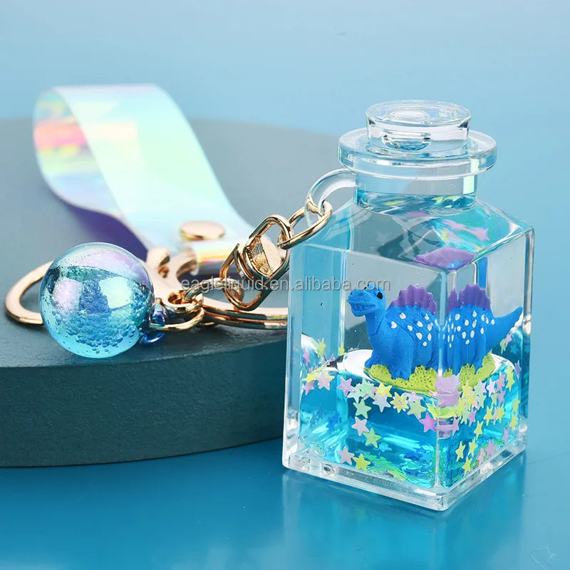 Funny Resin Floating Keyring Cute Small Dinosaur Liquid Quicksand Keychains Popular Plastic Pocket Keychain
