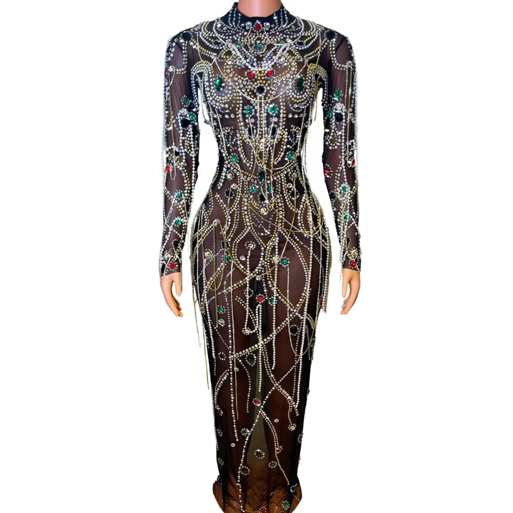 Sexy Sequin Rhinestone Dinner Gown Ladies Floor Length Diamond Fringes Party Long Dress Women Formal Banquet Prom Evening Dress