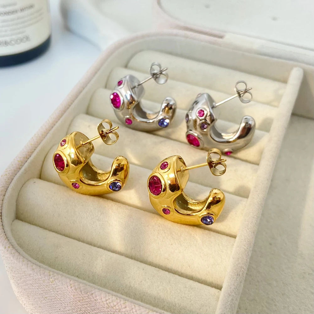 Fashion Retro Earrings Stainless Steel Plated 18K Gold Zircon Bubble Irregular C-shaped Earrings Jewelry 2026