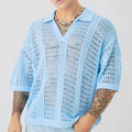 Custom Design Logo Short Sleeve Knitwear Mesh Hollow Out Summer Beach Oversized V Neck Open Stitch Crochet Men Polo Shirt