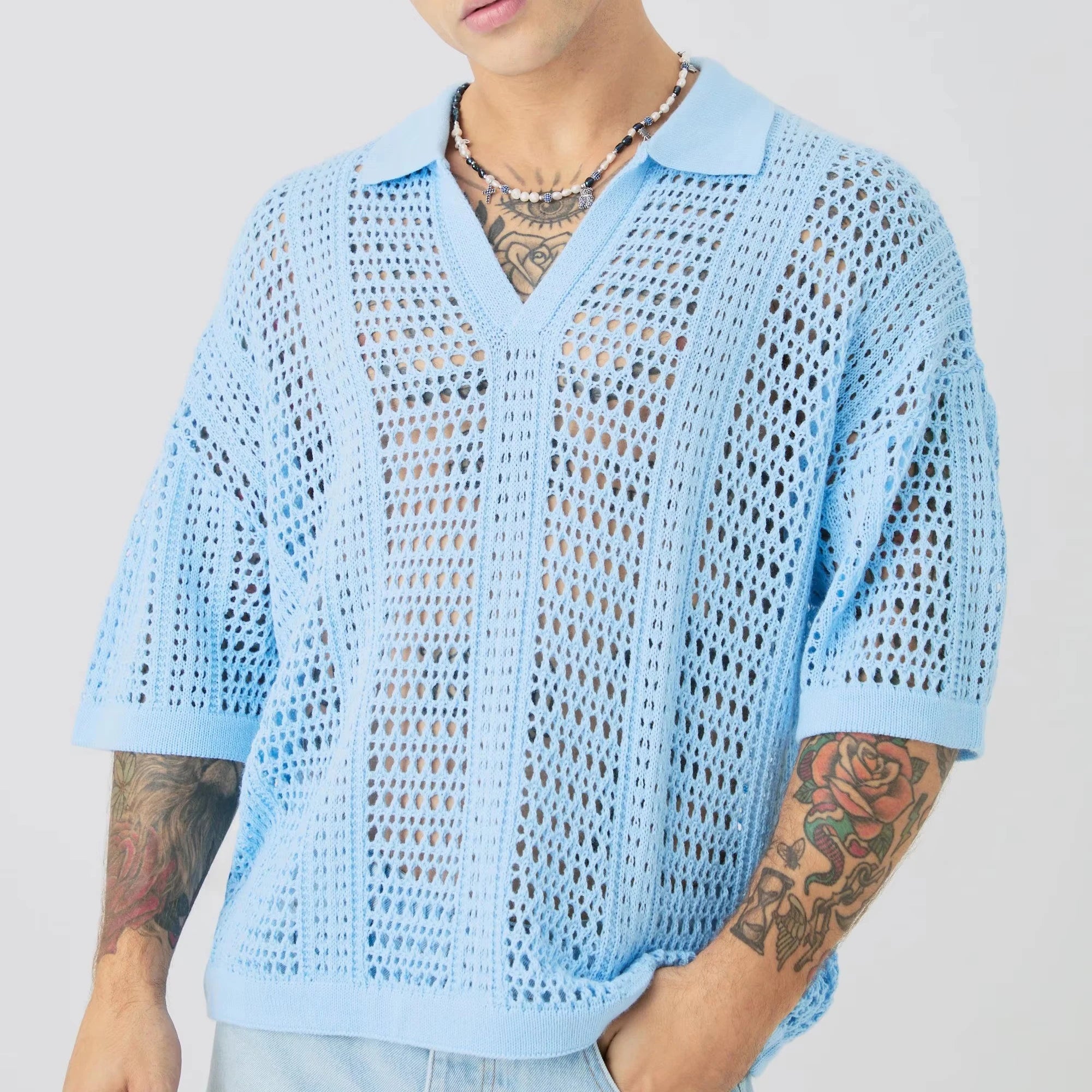 Custom Design Logo Short Sleeve Knitwear Mesh Hollow Out Summer Beach Oversized V Neck Open Stitch Crochet Men Polo Shirt