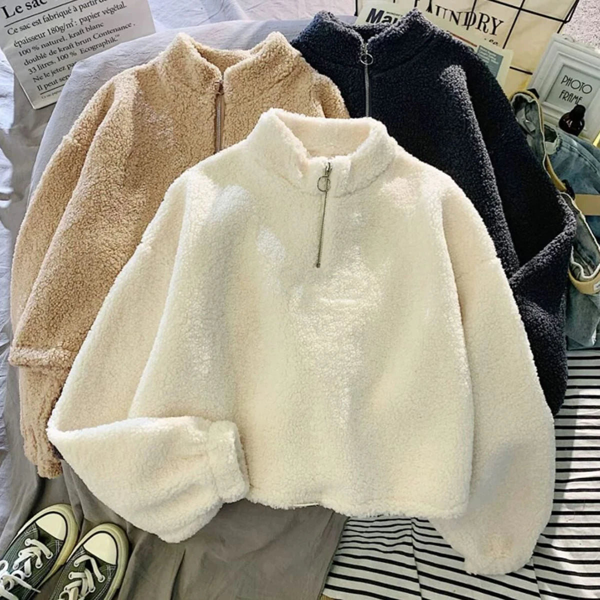Fall Winter High Quality Teddy Hoodies for Women Custom logo Puff Sleeve Pullover Oversized Thick Crop Top Sweatshirt