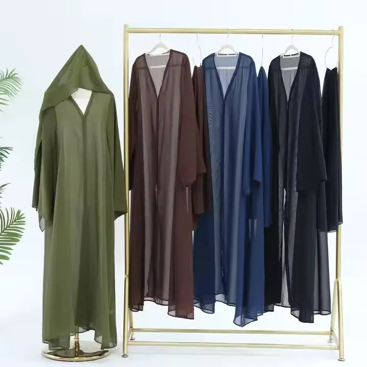 2025 New Arrival Islamic Clothing Abaya Solid Color Summer Chiffon Abaya With Hijab Arab Dubai Muslim Women Open Abaya