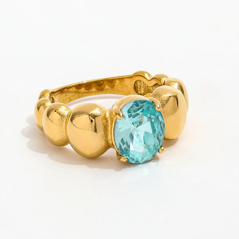High End 18K Gold Plated Stainless Steel Statement Ring with Light Blue Goose Egg Zircon Trendy Simple Design for Parties Gifts
