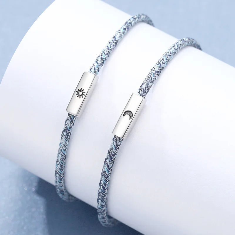 Newest Couples Magnetic Bracelets Sun and Moon Engraved Braided Adjustable Bracelet Long Distance Touch Bracelet for Couples