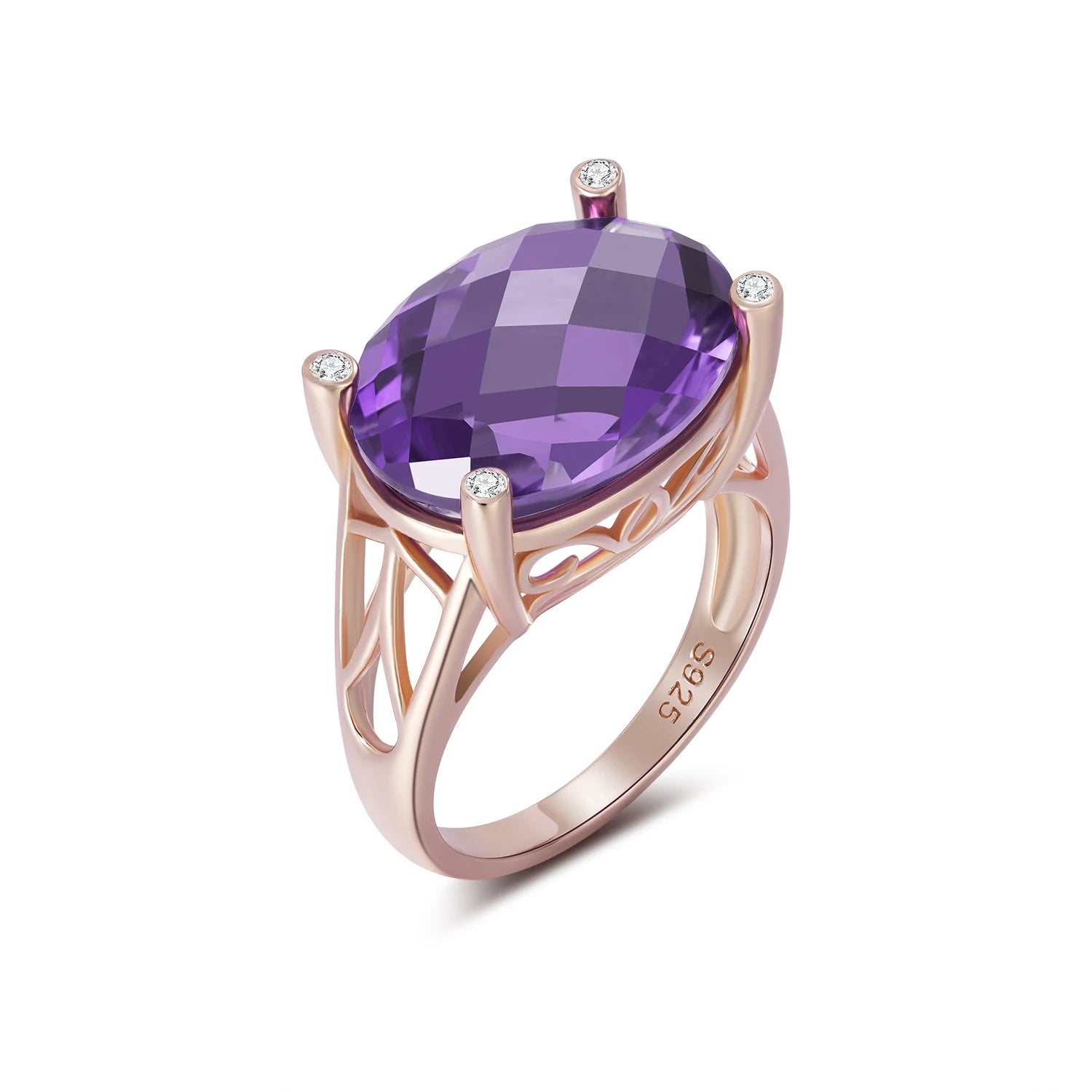 YBO Factory Wholesale Custom Prong-Set Natural Amethyst Gem Fine Jewelry Rose Gold Plated Real S925 Silver Rings for Weddings