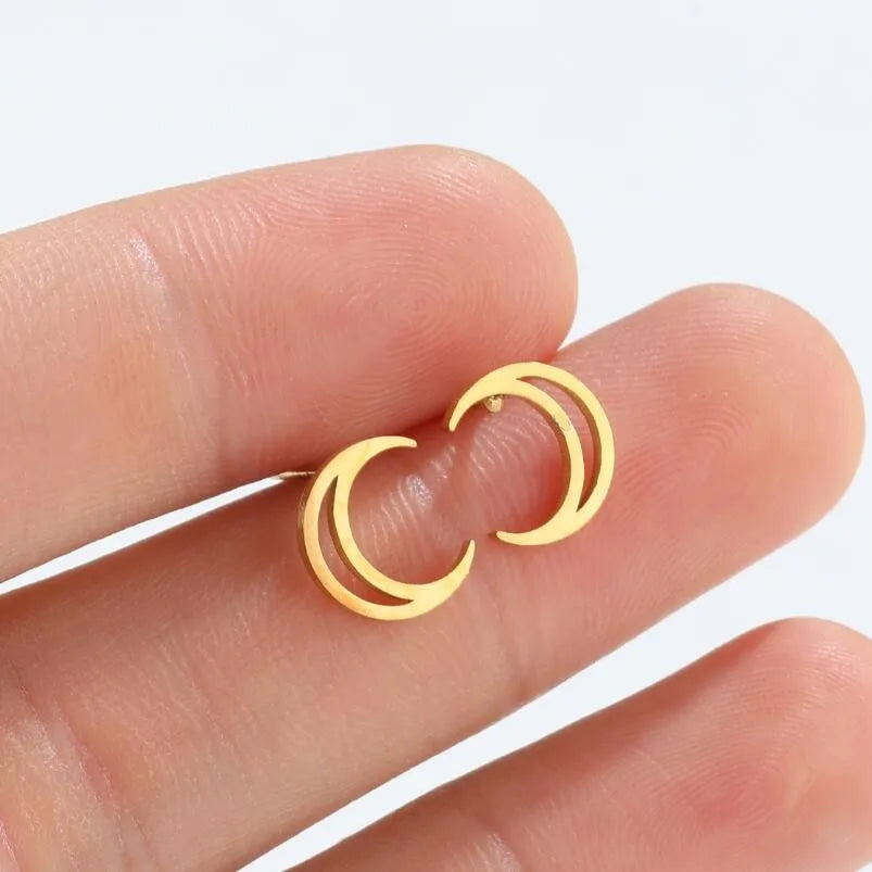 SC Wholesale Simple Gold Silver Plated Earrings Lovely Stainless Steel Earrings Trendy Hollow Moon Stud Earrings for Girls