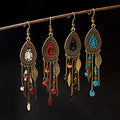 Womens Bohemia Ethnic Bronze Water Drop Earring Multicolor Stone Metal Leaf Pendant Long Tassel Earrings Indian Jewelry