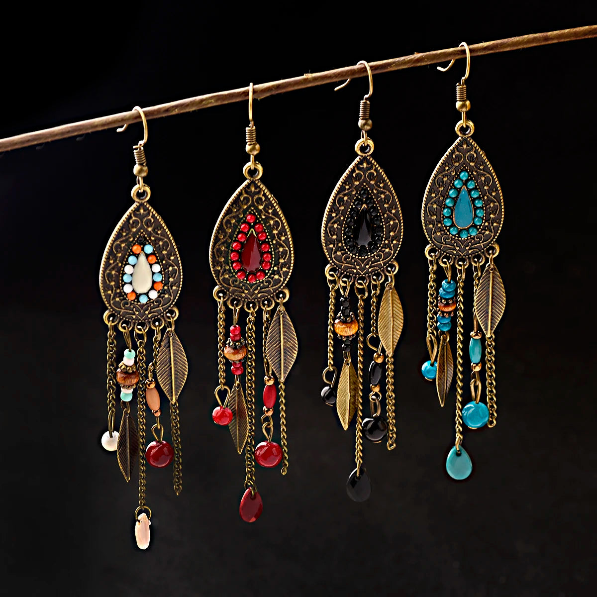 Womens Bohemia Ethnic Bronze Water Drop Earring Multicolor Stone Metal Leaf Pendant Long Tassel Earrings Indian Jewelry
