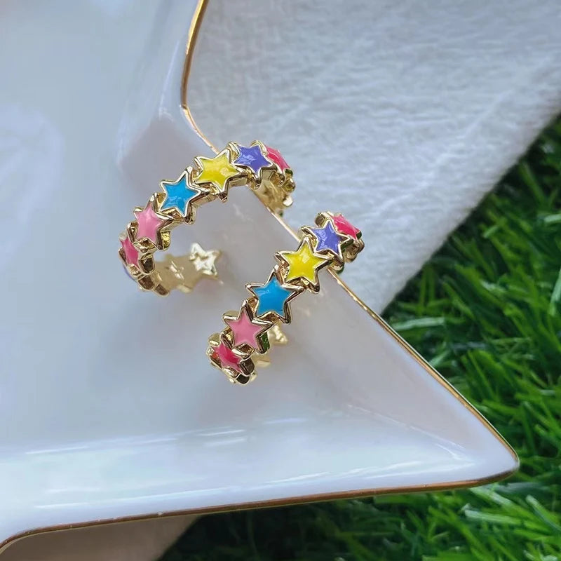 Fashion Enamel Colorful Star Design Hoop Shaped Earrings Multicolor Cuff C-Shaped Piercing Hoop for Women Jewellery