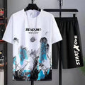 Summer Ice Silk Quick Drying Set Men's Loose Size Casual Sports Youth Trend Short Sleeves Capris Two Piece Set