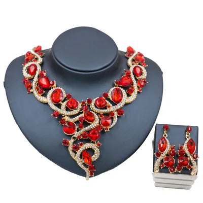 Africa Middle East Europe and America Colorful Exaggerated Luxury Bridal Necklace and Earrings Set Gold Plated Jewelry Set