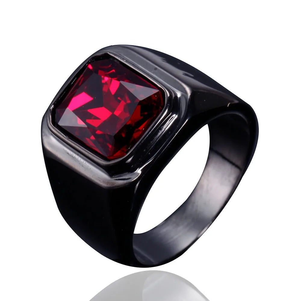 Nordic Swedish Minimalist Man Stainless Steel Black Plated Green Red Blue Square Gemstone Inlaid Diamond Ring for Men