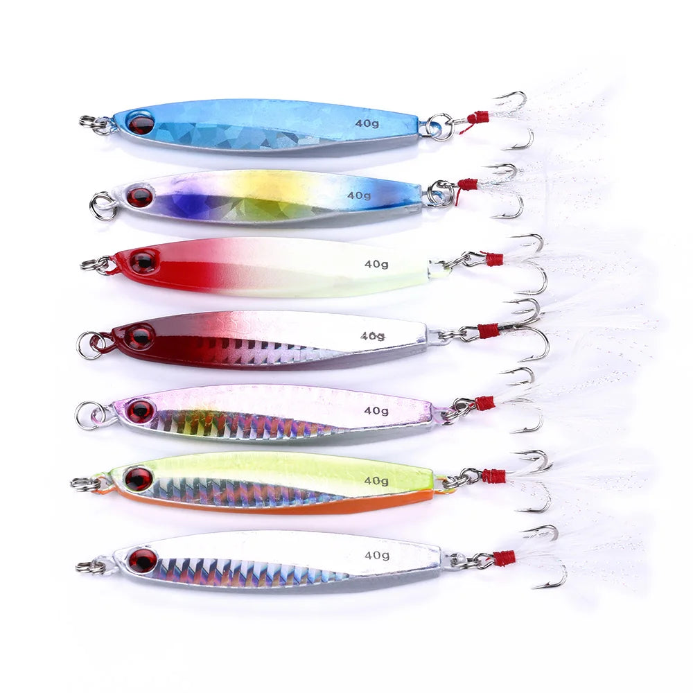 Wholesale LB037 8cm 40g Saltwater Metal Jig Bait Sinking Lead Jigging Fishing Lures with Feather Hook
