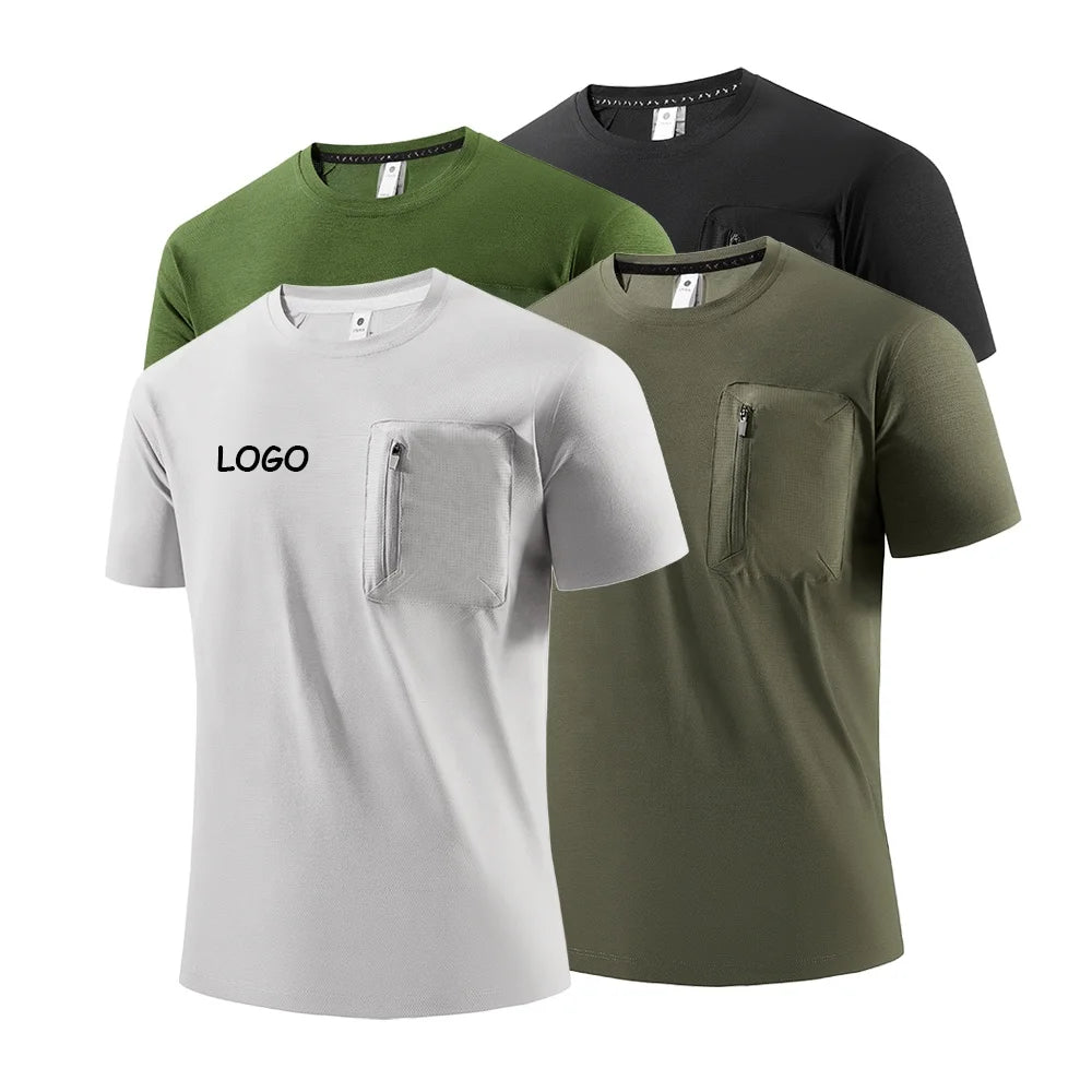 Wholesale Custom Logo Short Sleeve Gym Fitness Quick Dry Sport Body Building Men 100%Polyester Blank T Shirt With Pocket