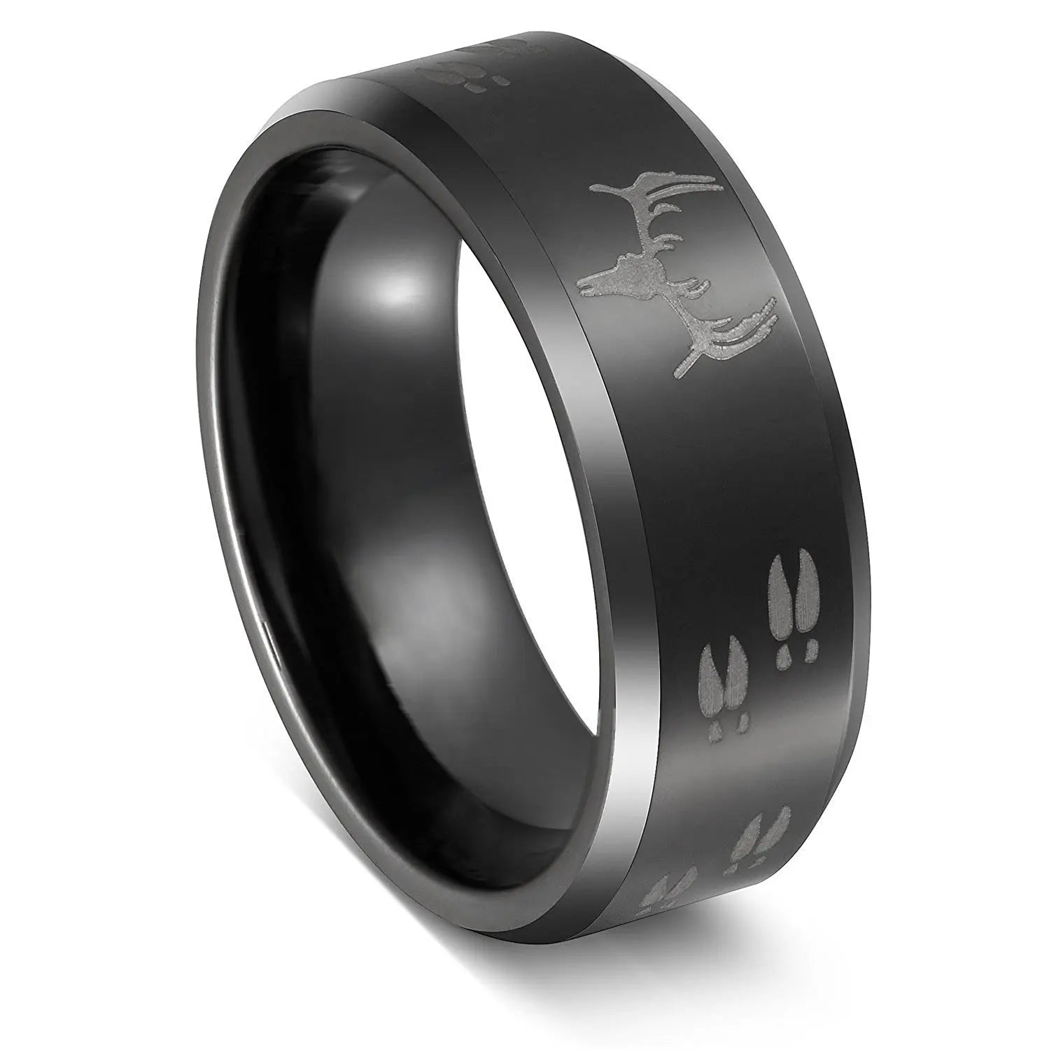 OAHLAN Wholesale 8mm Polished Deer Head Carved Wedding Engagement Band Black Tungsten Carbide Rings for Men Fashion Jewelry