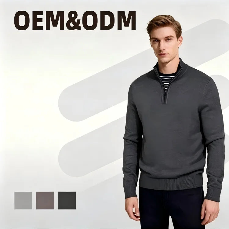 Wholesale Men's Quarter-Zip Sweaters Long Sleeve Ribbed Winter Warm Mens Cotton Classic Blank Custom Logo Pullover