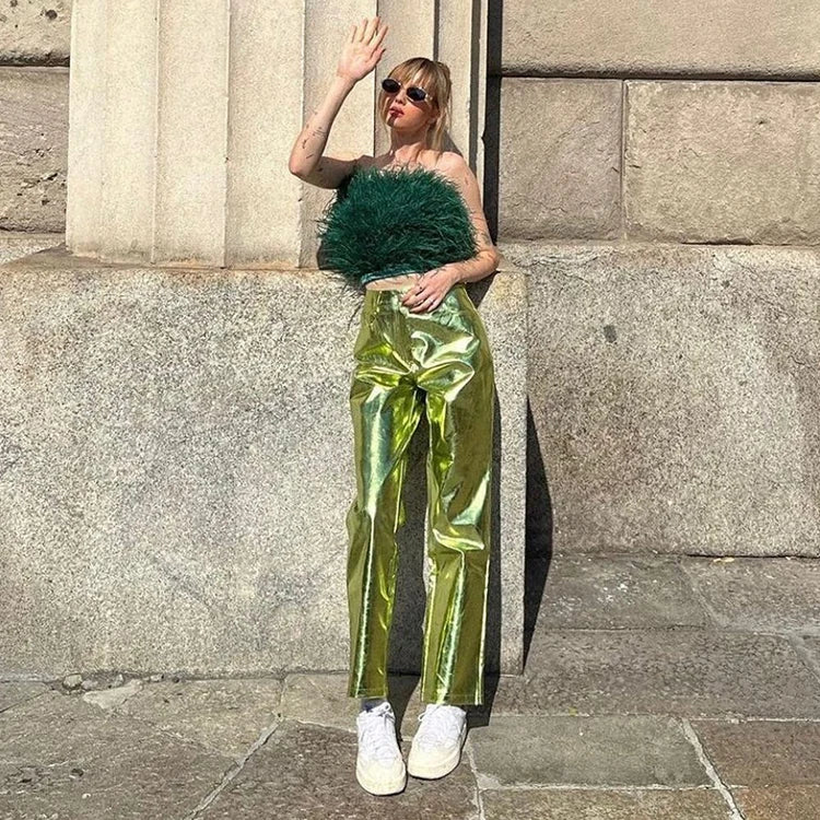 Hot Sale Autumn New PU Tight Elastic Pants Solid Color High Waist Straight Leg Pants