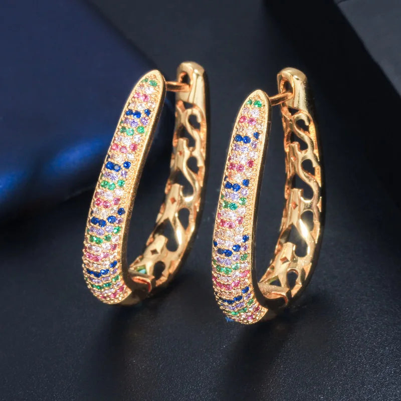 18k Gold Plated Round Circle Multi Color Green Cubic Zirconia Crystal Dangle Hoop Huggie Earrings for Women Jewelry Accessories