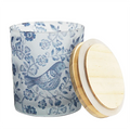 Printing Flowers Glass Candle Holder Cup with Wood Lid