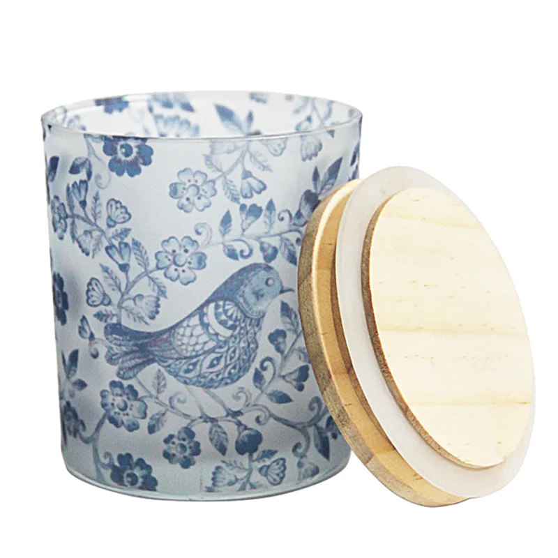 Printing Flowers Glass Candle Holder Cup with Wood Lid