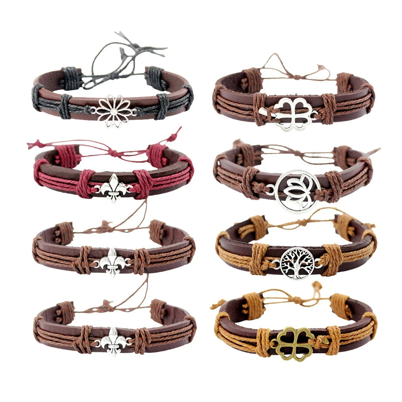 Handmade Tree of Life Flower Lucky Clover Lotus Fleur De Lis Genuine Daisy Charm Genuine Leather Wrap Bracelet