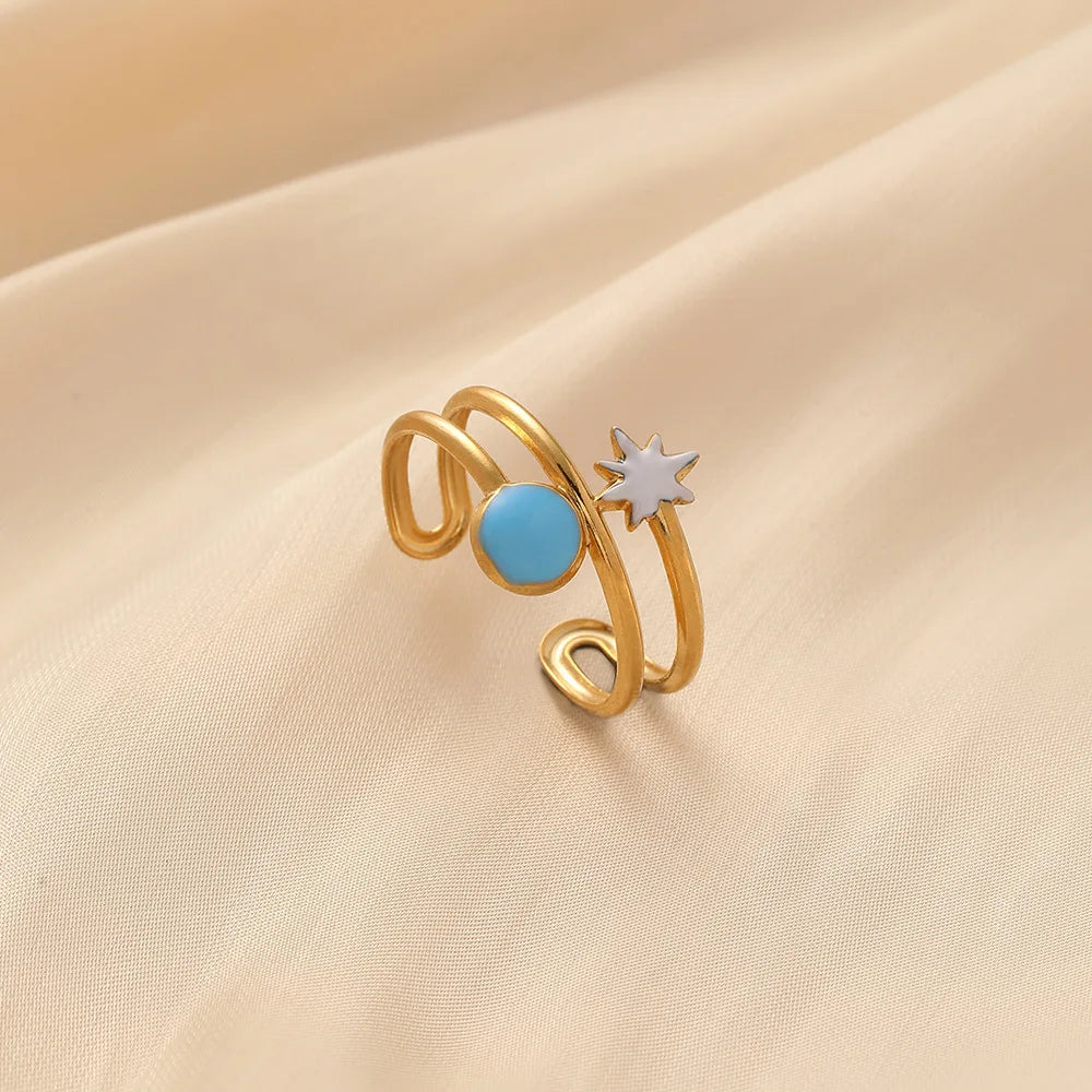Beimai OEM Ring Oil Dripping Hollow Star Stainless Steel Gold Plated Open Adjustable Ring