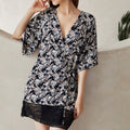 Ladymate ODM/OEM Conjunto De Pijama De Satin Para Mujer Robe Pajamas Nightwear Baju Tidur Sleepwear Floral Print Lace Hem Robes