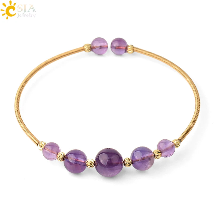 CSJA Wholesale Antique Gold Color Wire Bangle Natural Crystal Bead Fashion Cuff Bracelet for Girl Women G564