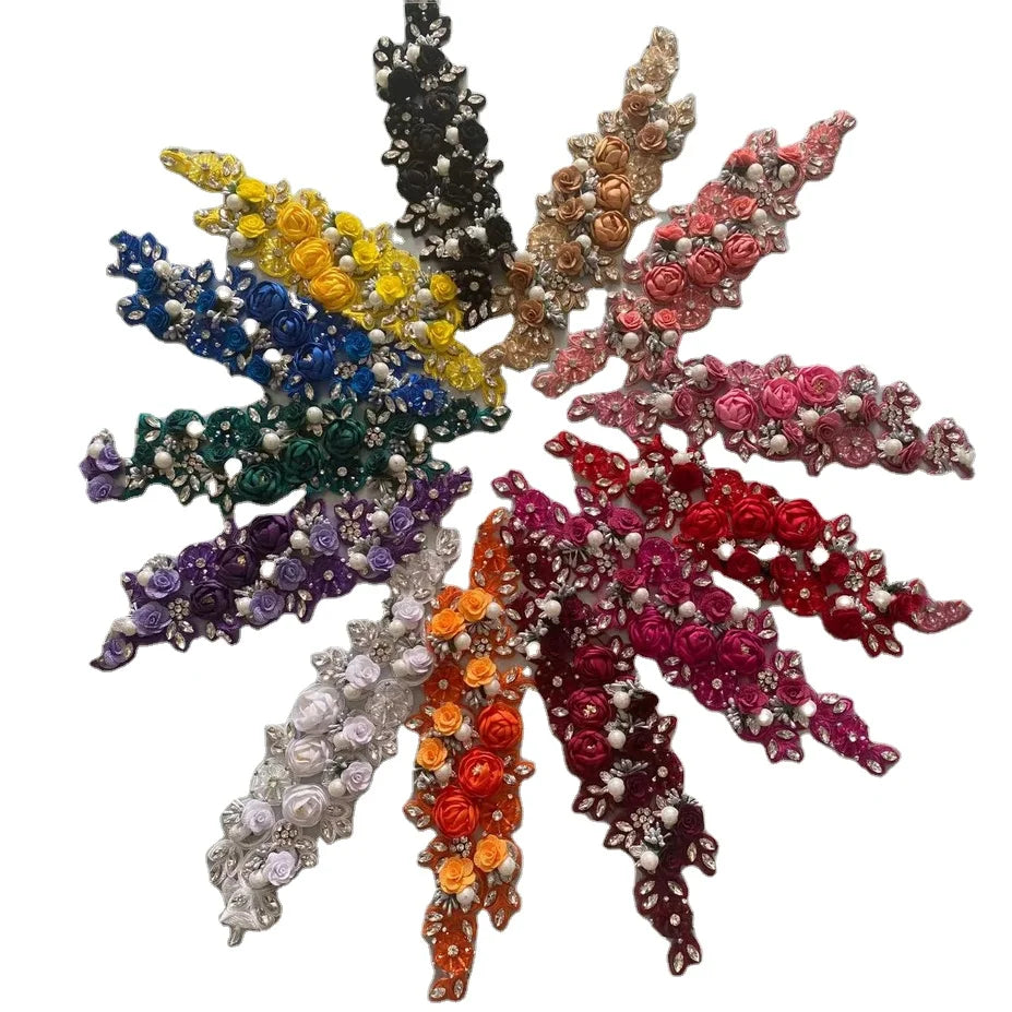 New Design Handmade 3d Flower Embroidery Rhinestone Wedding Patch for Evening Dress Costume Sewing Beaded Floral Motif Applique