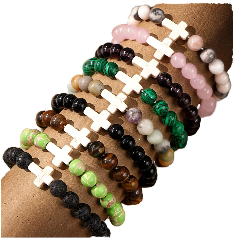 Go2boho Cross Bracelet Natural Stone 8mm Beads  Beads Adjustable Elastic Bracelet Fashion Jewelry for Men and Women