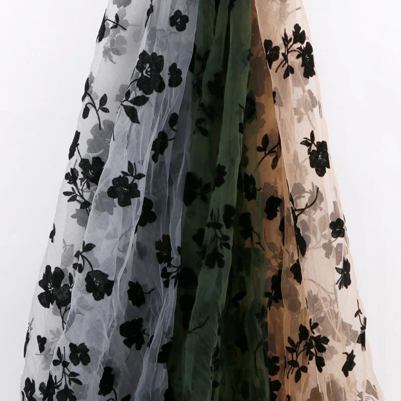 Customized Flocking Mesh Fabric 100%Polyester Mesh Fabric With Flower Flocking Fabric for Garment Tulle Dance Cloths