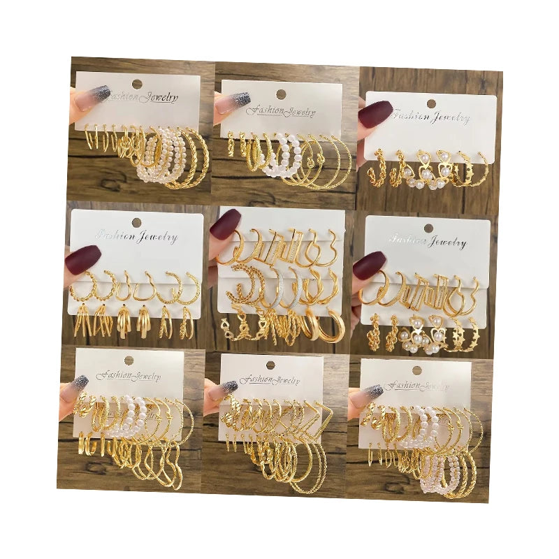 New Fashion Butterfly Heart Pearl Hoop Earrings Set Women Geometric Gold Metal Round Hoop Earrings Ins Trend Jewelry Gift